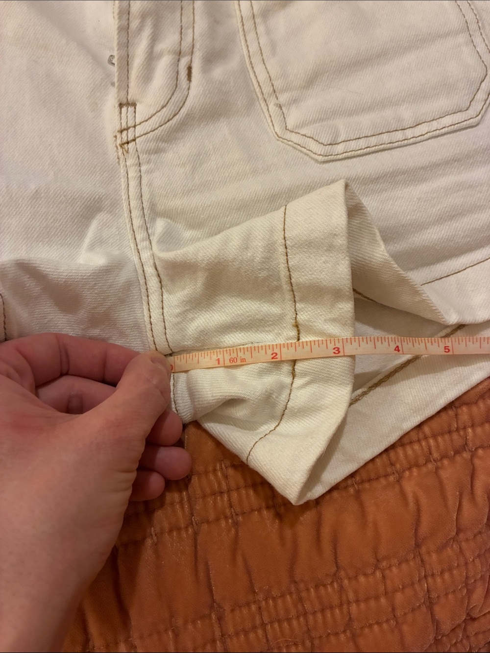 Alyssa high rise stretch organic denim Jean short, white + tan stitching, 25 - Picture 9 of 9